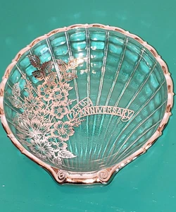 MCM Vintage 25th ANNIVERSARY Silver Floral Overlay Glass Shell Candy Dish 6" - Picture 1 of 3