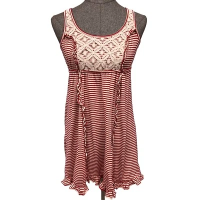 Eyelash Couture Mini Dress S Red Tan Stretch Knit Striped Lace Ruffles Vtg 2000s - Image 1 of 4