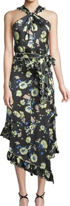 Derek Lam 10 Crosby schwarz 100 % Seide Blumen asymmetrisch Kleid Midi Neckholder Gr. 10 - Bild 1 von 12