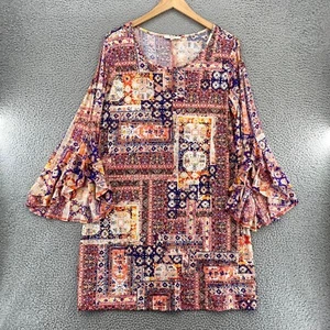 Haani Dress Womens 1X Plus Pink Multi Batik Jersey Ruffled Bell Sleeves Stretch - Picture 1 of 11