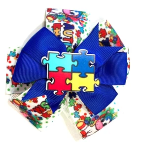 Beautiful Autism Puzzle Pieces inspired hair bow for girls. - Picture 1 of 3