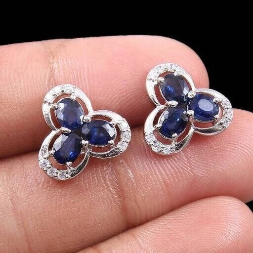 Unique Simulated Sapphire & Moissanite Women Solid 10K White Gold Stud Earrings - Image 1 of 4