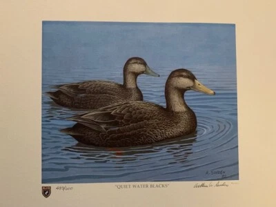 ILLINOIS #8 1982 STATE DUCK STAMP & PRINT - BLACK DUCKS by Arthur Sinden - Image 1 of 4