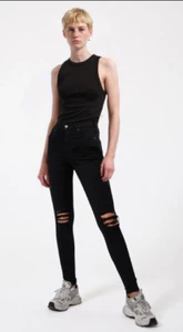 NWT Dr. Denim MOXY Super Skinny Black Jeans~Small~Sky High Waist~Ripped Knee - Picture 1 of 9