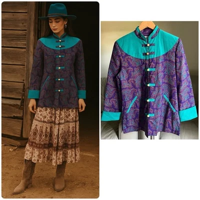 Chaqueta Blazer Be Design Talla L Cachemira Pana Mandarín Cuello Prendas Artísticas Púrpura Foto 1 de 4