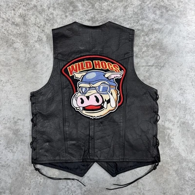 Chaleco de galería de cuero para hombre grande de cuero negro para motocicleta motociclista parche de cerdos salvajes Foto 1 de 4