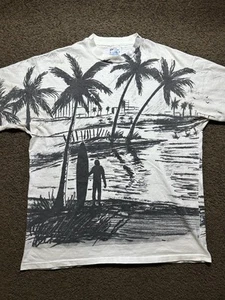 Vintage 90s Surf AOP Large T Shirt All Over Print Beach Surfing Nature Art Rare - Picture 1 of 9