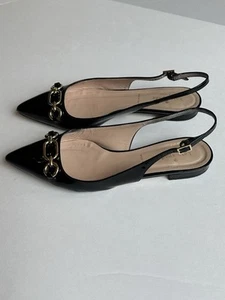 Kate Spade Black Patent Gold Chain Detail Pointed Toe Chic Slingback Flats Sz 9M - Picture 1 of 11