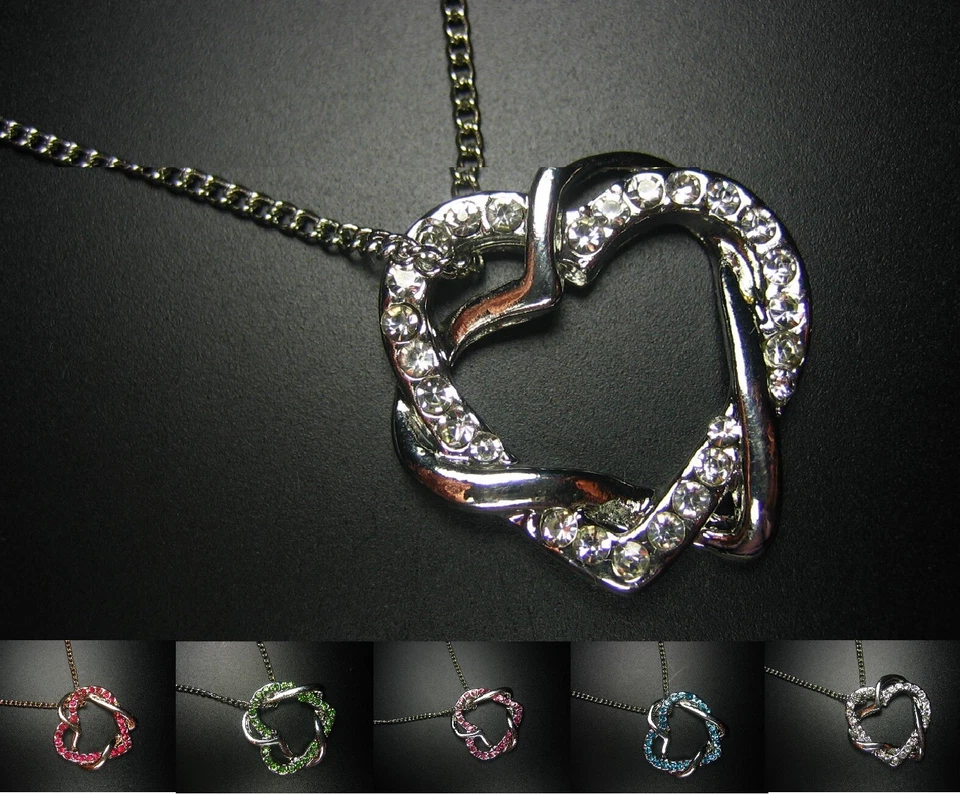 Herzkette Doppelherz Kette mit Herz Anhänger Zirkonia Strass funkelnd - Bild 1 von 1