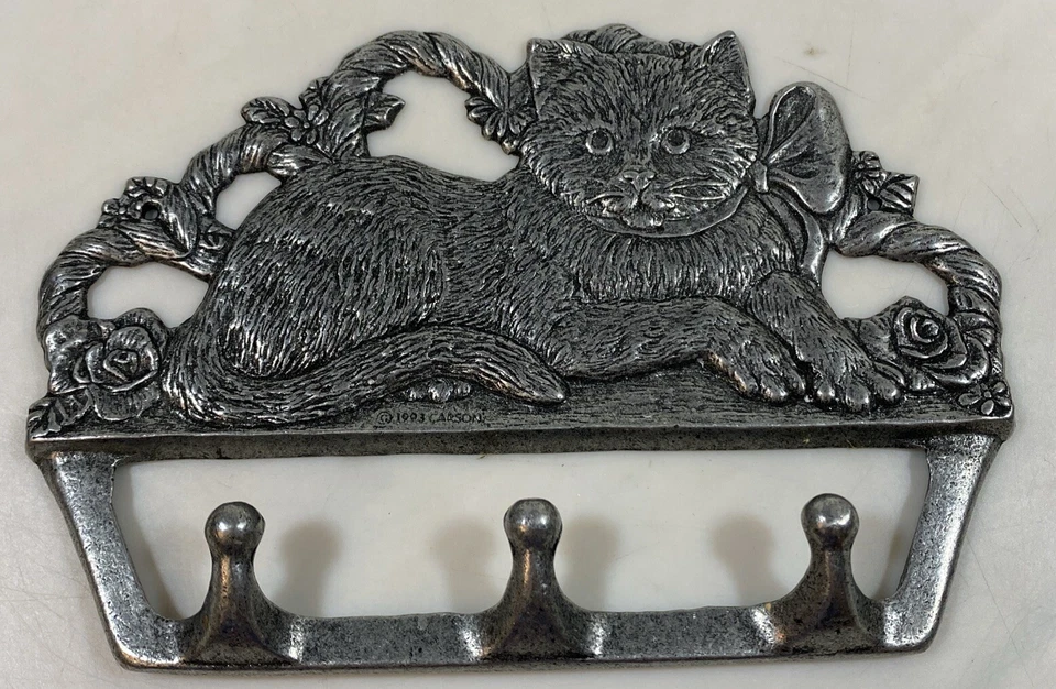 Vintage Carson Silver Tone Kitty Cat Wall 3 Hook Coat Hanger Organizer 1993 - Image 1 of 4