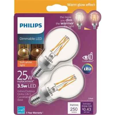 PHILIPS 536714 LED Dimmable G16.5 Clear Glass Light Bulb 2PK, Box w 5 Packs - Image 1 of 4