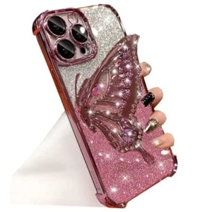 for iPhone 16 Pro Max Glitter 3D Butterfly Case,Cute Bling Sparkle Liquid Pink - Picture 1 of 7