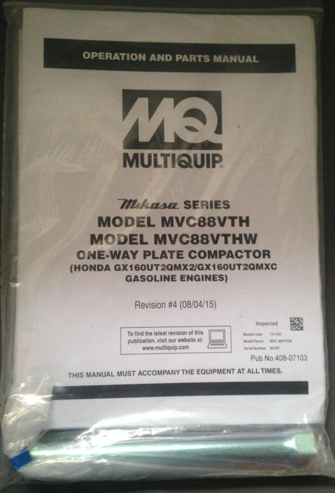 MQ Mikasa MVC88VTH MVC88VTHW Plate Compactor Op & prt Manual GX 120 160 200 Tool - Image 1 of 2