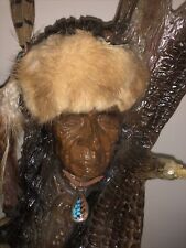 NATIVE AMERICAN INDIAN CHIEF Statue Resin Real Fur Head dress Turquoise Jewels