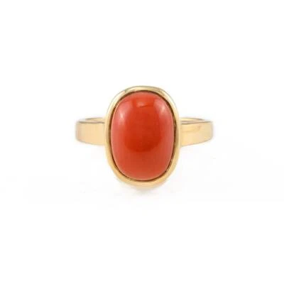 Anillo solitario de piedras preciosas de coral natural plateado enchapado en oro de 14K para hombre Foto 1 de 4