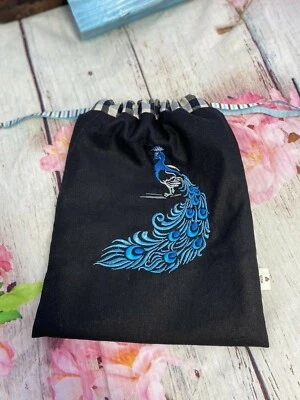NEW Handmade beautiful blue peacock embroidery quality linen drawstrings bag  - Image 1 of 4