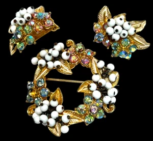 Vintage FLORENZA AB Rhinestone & White Seed Beads Brooch/Pin & Earrings Set - Picture 1 of 7
