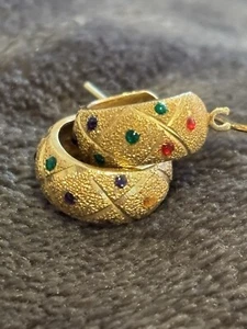 14K Yellow Gold Enamel Gem Ruby, Sapphire, and Emerald Huggie Hoop Earrings - Picture 1 of 11