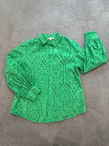 Chico's Women's Size 2 Green Eyelet Button-Up Cotton Blouse Long Sleeve Shirt L - Picture 1 of 7