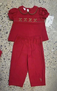 Vive La Fete Smocked Red Christmas Candy Cane Pants Set Baby Girl 18 Months - Picture 1 of 9