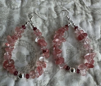 Cherry Quartz Chip Drop Long 2.5”Earrings- Sterling Silver Hooks-Handmade - Image 1 of 4