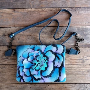Anna by Anuschka Umhängetasche Handtasche handbemalt Blumen blau Leder - Bild 1 von 17