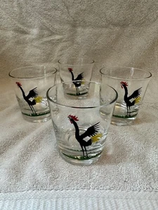 Federal Glass Black Crowing Rooster Red Comb Rocks Low Ball Old Fashioned Set 4 - Picture 1 of 9