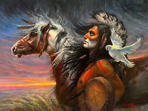 Original Oil Painting Native American WARRIOR DOVE Pinto Horse WESTERN ART SUNSE - Picture 1 of 8