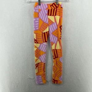 Lularoe Leggings Girls Sz L/XL Orange Pink  Geometric Wide Waistband Slim Pullon - Picture 1 of 12