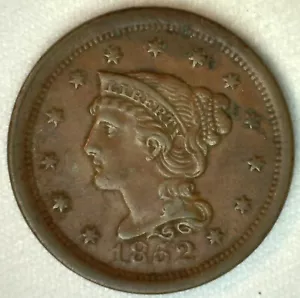 Moneda de cobre grande de cabello trenzado de Estados Unidos de 1852 circulada centavo extra fino de Estados Unidos 1 c XF - Imagen 1 de 2