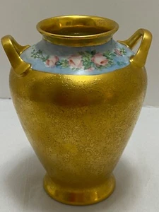 RS Germany VASE Gold Handbemalt Signiert Henkel Rosa Rosen Antik 6" Holman - Bild 1 von 12