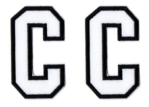 2 x C Letter Captain 3 Inch White Black Iron on Patch Embroidered For Jacket P62 - Picture 1 of 5