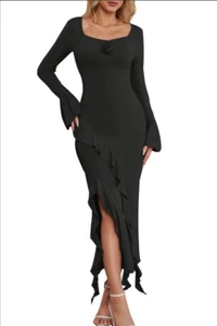 Merokeety Black Long Sleeve Bodycom Maxi Dress Sweetheart Neck Ruffle Split M - Picture 1 of 5