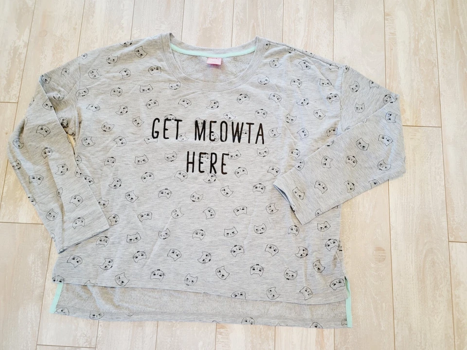 Jenni Intimates XXL Sleep Shirt Top Night Gown Gray Cat Theme "Get Meowta Here" - Image 1 of 4