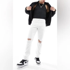 ASOS DESIGN Men's White Straight Jeans with Knee Rips, Size W32 L32 - Picture 1 of 6