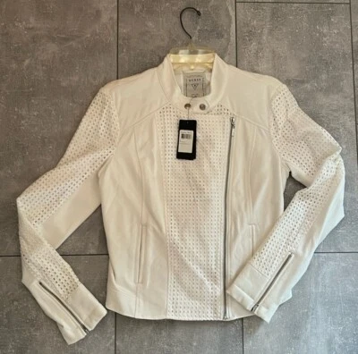 Chaqueta de Moto GUESS Blanca con Ojales Forrada en Ponte Talla Grande Cremallera Acentos Nueva con Etiquetas Foto 1 de 4