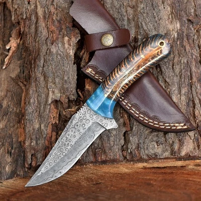 BG KNIVES 8.7" Hand Forged Damascus Custom Pine Cone Resin Handmade Skinner Hunting Knife