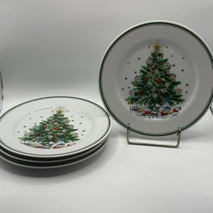 Salem Insalata Vigilia di Natale 7,5” Piatto Albero Fasce Verde e Oro Fine China Set di 4 - Foto 1 di 9