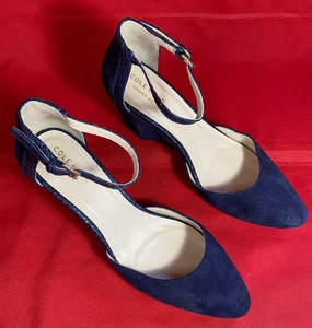 Cole Haan Blue Grand Os Lara Wedge Suede Ankle-Strap Pumps Shoes Womens Size 7 - Picture 1 of 19