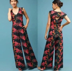 Anthropologie Tracy Reese Black Red Watercolor Floral Flutter Sleeve Jumpsuit XS - Picture 1 of 10