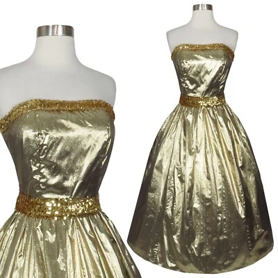 Vestido de fiesta vintage años 80 sin tirantes metálico dorado lámina lamé falda completa graduación S Foto 1 de 4