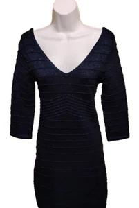 NWT XXI Black Blue Marled Striped 3/4 Sleeve V-Neck Bodycon Knit Dress Size L - Picture 1 of 2