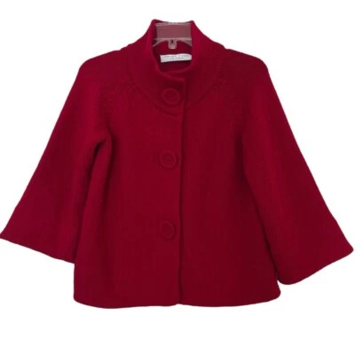 Trina Turk 毛衣夹克中号秋千外套美利奴羊毛蔓越莓红色模拟角 — 第 1/4 张图片