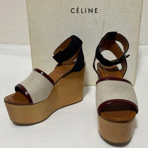 CELINE Wedge Sandals with Ankle Strap, Leather Upper, Wood Sole w/ Case Brown - Picture 1 of 17