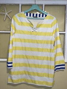 Talbots Womens Shirt Small Tunic Pullover Yellow White Navy Embroidered Top 