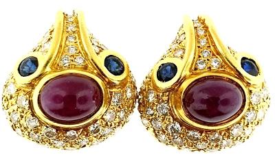 Heavy 14K Yellow Gold 9.00CTW Diamonds Rubies +Sapphire Curved Clip Earrings WOW - Image 1 of 4