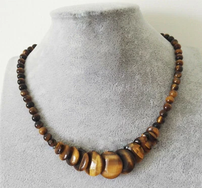 Tigers Eye Beads Round Pieces Luck Coin Fortune 18KWGP Clasp Women Girl Necklace - Image 1 of 3