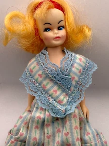 Vintage Plastic Blonde High Brow Doll 1960s Blue Eyes Apron - Picture 1 of 8