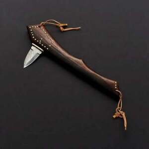 custom handmade damascus steel hunting axe straight axe with sheath.