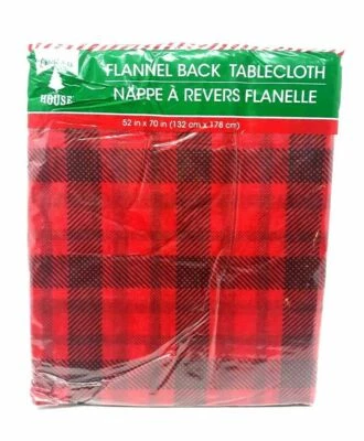 Christmas Holiday Tablecloths Flannel Back Plastic Front 52x70 Red Black Plaid - Image 1 of 3